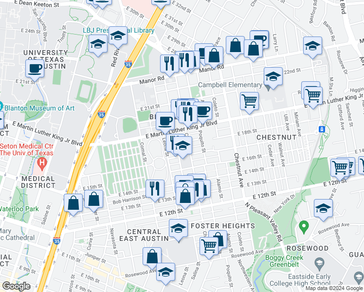 map of restaurants, bars, coffee shops, grocery stores, and more near 1805 Salina Street in Austin