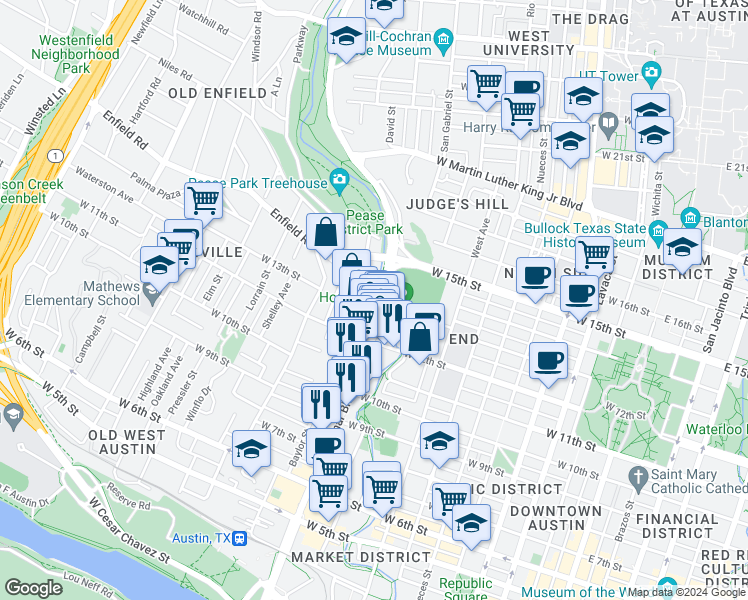 map of restaurants, bars, coffee shops, grocery stores, and more near 1103 Enfield Road in Austin