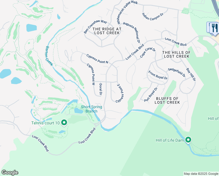 map of restaurants, bars, coffee shops, grocery stores, and more near 2331 Cypress Point West in Austin