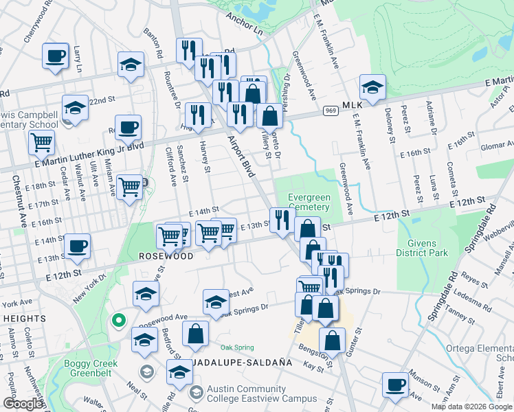 map of restaurants, bars, coffee shops, grocery stores, and more near 3102 East 14th 1/2 Street in Austin