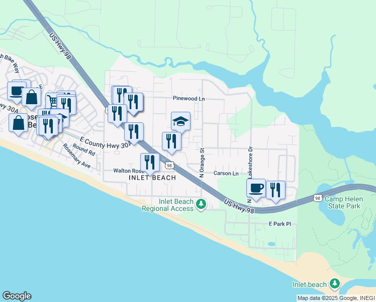 map of restaurants, bars, coffee shops, grocery stores, and more near in Rosemary Beach