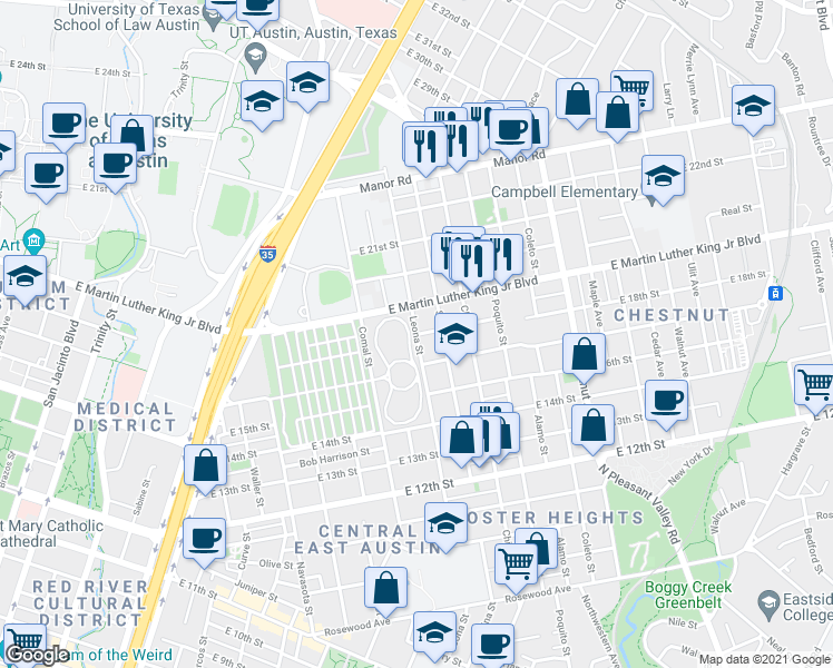 map of restaurants, bars, coffee shops, grocery stores, and more near E 18th St & Leona St in Austin