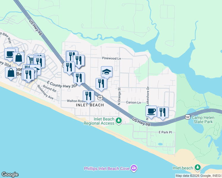 map of restaurants, bars, coffee shops, grocery stores, and more near in Rosemary Beach
