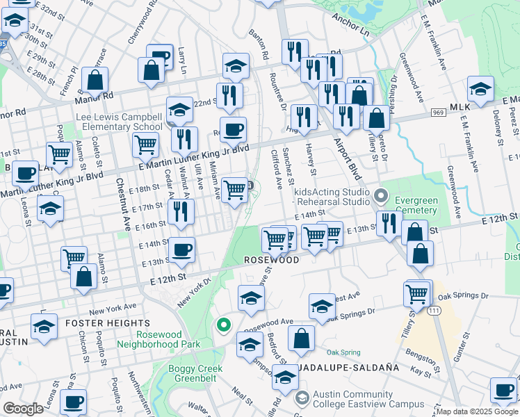 map of restaurants, bars, coffee shops, grocery stores, and more near 2901 East 16th Street in Austin