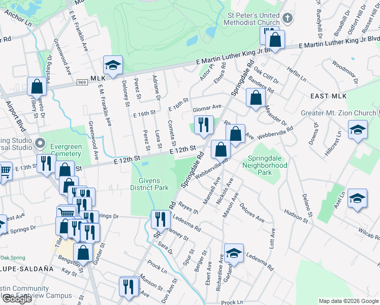 map of restaurants, bars, coffee shops, grocery stores, and more near 4106 East 12th Street in Austin