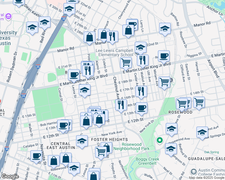 map of restaurants, bars, coffee shops, grocery stores, and more near 2209 East 18th Street in Austin