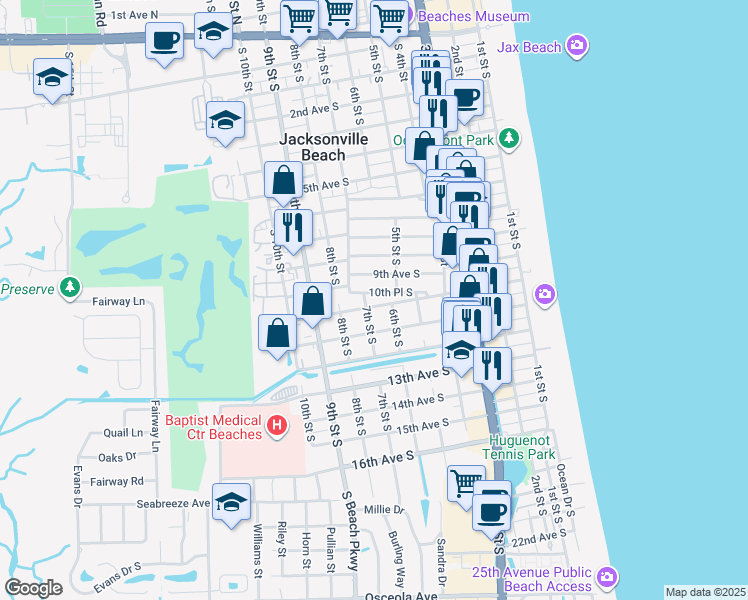 map of restaurants, bars, coffee shops, grocery stores, and more near 701 10th Place South in Jacksonville Beach