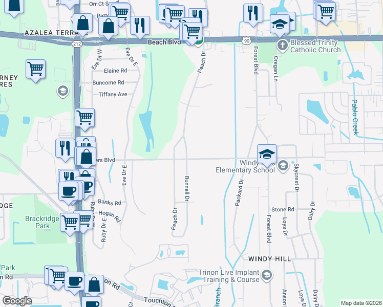 map of restaurants, bars, coffee shops, grocery stores, and more near 3743 Bunnell Drive in Jacksonville
