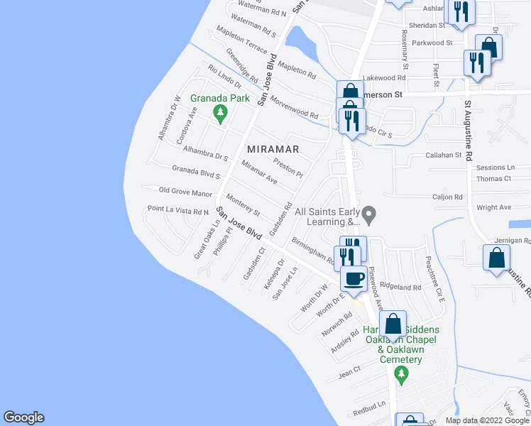 map of restaurants, bars, coffee shops, grocery stores, and more near 1243 Monterey Street in Jacksonville
