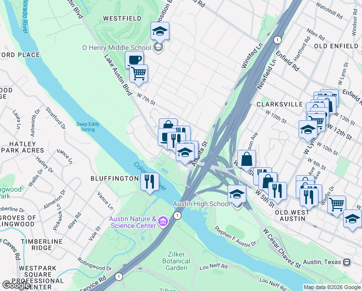map of restaurants, bars, coffee shops, grocery stores, and more near 507 Deep Eddy Avenue in Austin