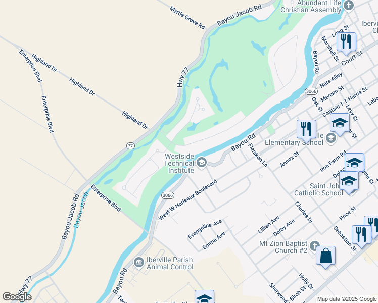 map of restaurants, bars, coffee shops, grocery stores, and more near 59345 Island Drive in Plaquemine