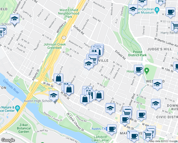map of restaurants, bars, coffee shops, grocery stores, and more near 1608 West 9th 1/2 Street in Austin