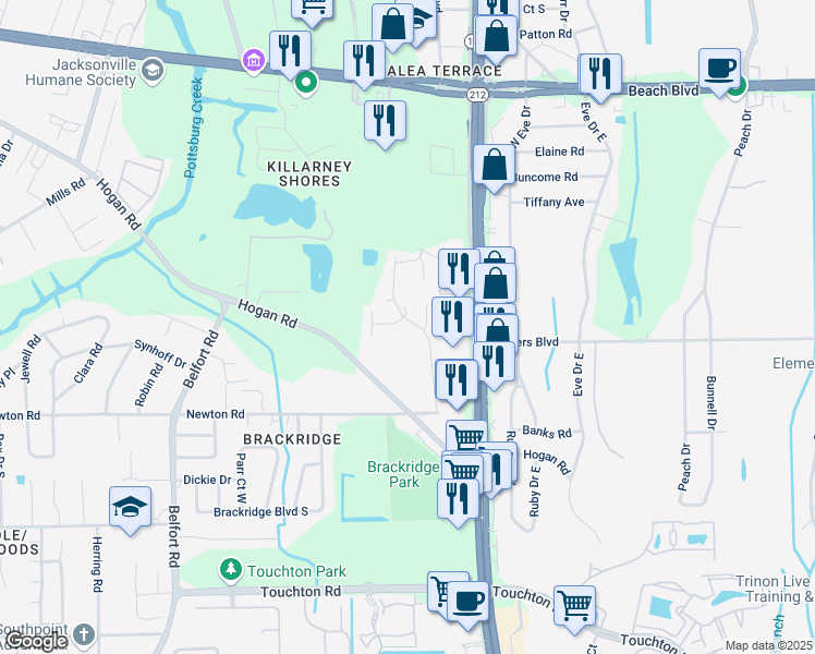 map of restaurants, bars, coffee shops, grocery stores, and more near 8711 Newton Road in Jacksonville