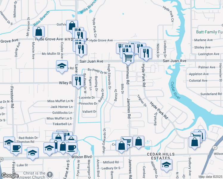 map of restaurants, bars, coffee shops, grocery stores, and more near 2118 Betsy Drive in Jacksonville