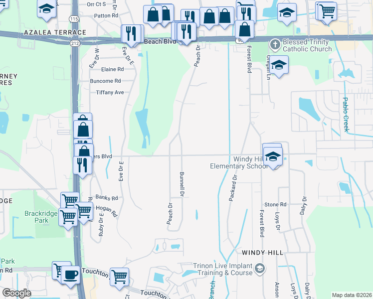 map of restaurants, bars, coffee shops, grocery stores, and more near 3743 Bunnell Drive in Jacksonville