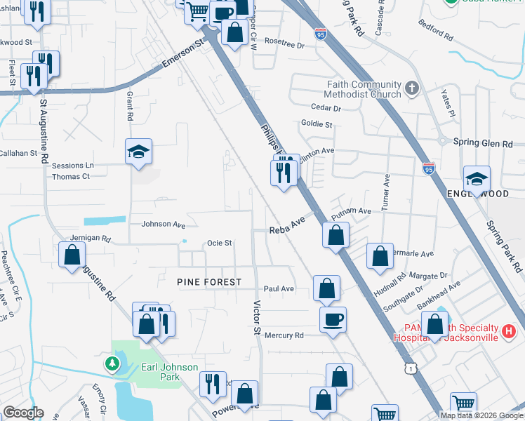 map of restaurants, bars, coffee shops, grocery stores, and more near 4246 Gilbert Street in Jacksonville