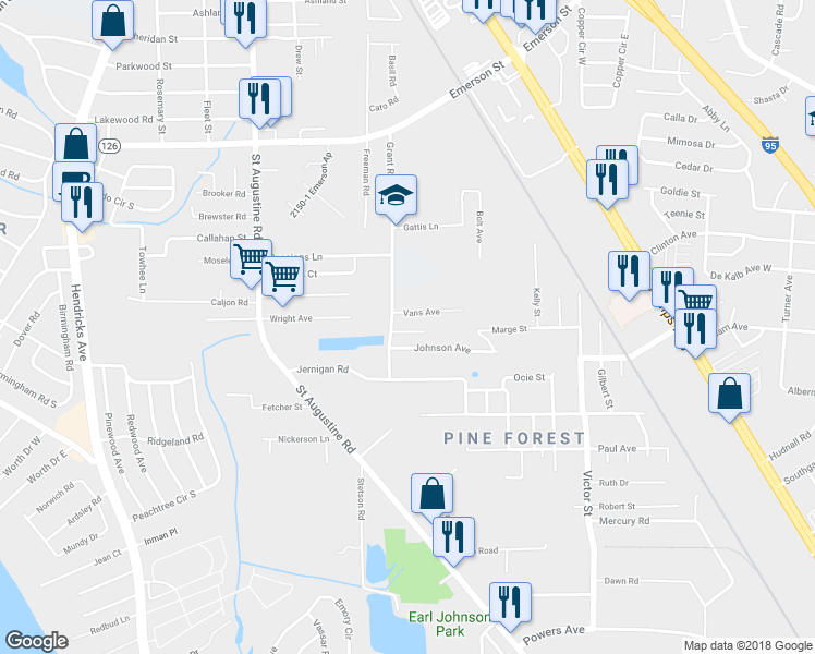 map of restaurants, bars, coffee shops, grocery stores, and more near 2334 Vans Avenue in Jacksonville