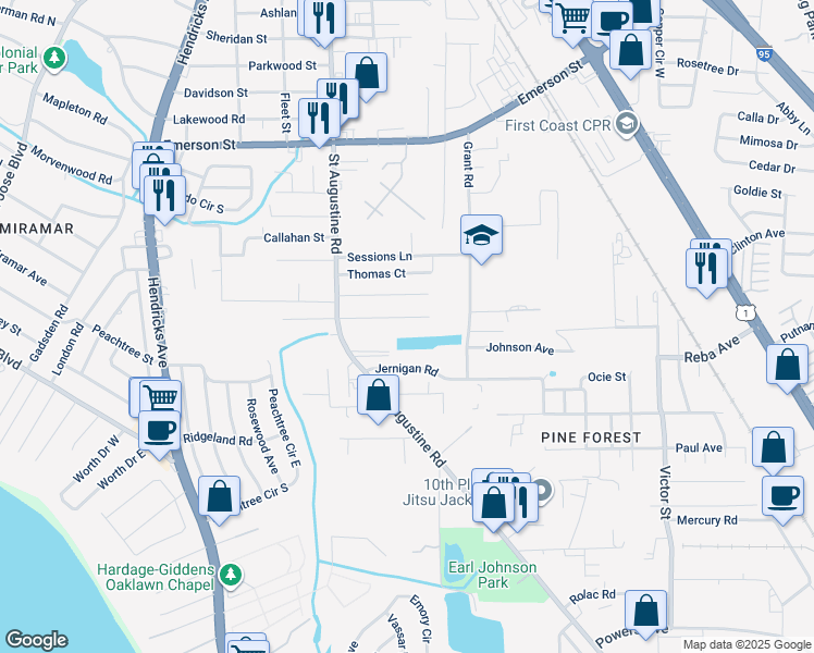 map of restaurants, bars, coffee shops, grocery stores, and more near 2117 Wright Avenue in Jacksonville
