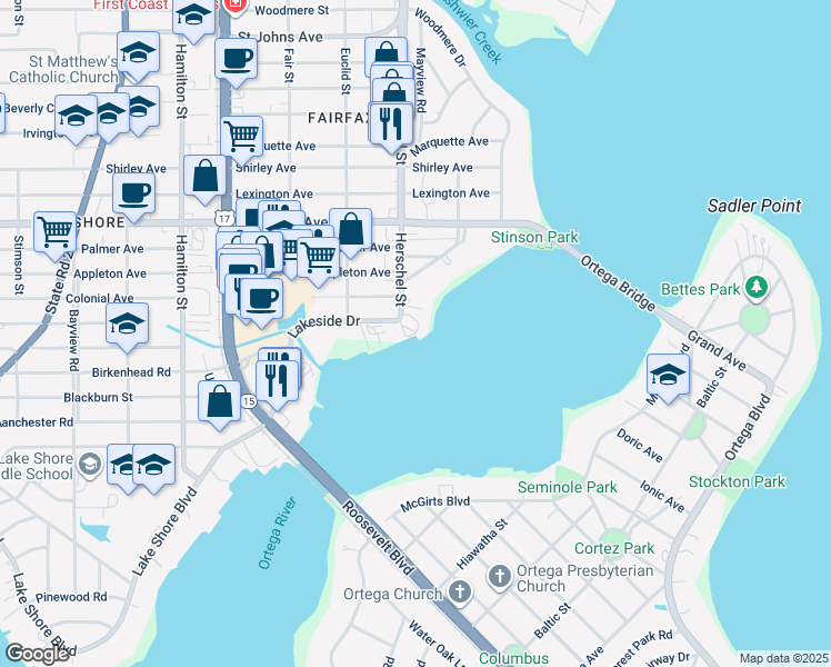 map of restaurants, bars, coffee shops, grocery stores, and more near 4433 Herschel Street in Jacksonville