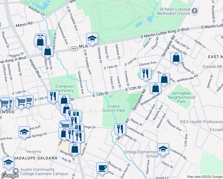 map of restaurants, bars, coffee shops, grocery stores, and more near 1208 Perez Street in Austin