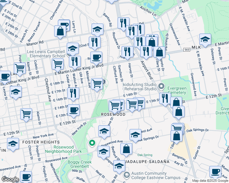 map of restaurants, bars, coffee shops, grocery stores, and more near 1601 Clifford Avenue in Austin