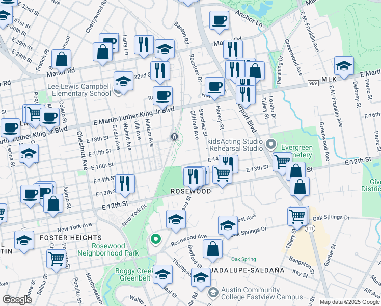 map of restaurants, bars, coffee shops, grocery stores, and more near 2901 East 16th Street in Austin