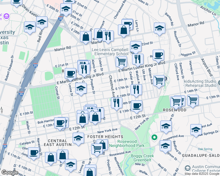 map of restaurants, bars, coffee shops, grocery stores, and more near 2209 East 18th Street in Austin