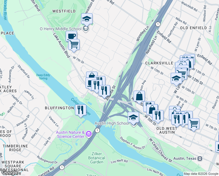 map of restaurants, bars, coffee shops, grocery stores, and more near 609 Upson Street in Austin
