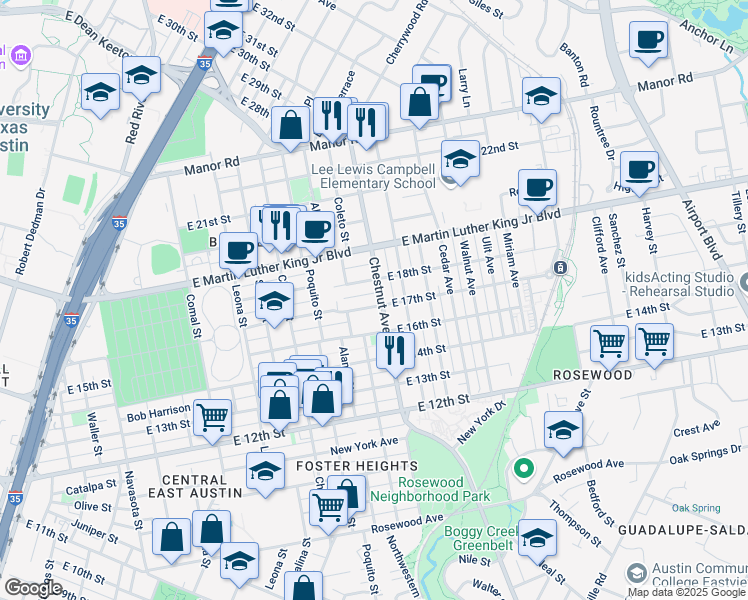 map of restaurants, bars, coffee shops, grocery stores, and more near 2209 East 18th Street in Austin
