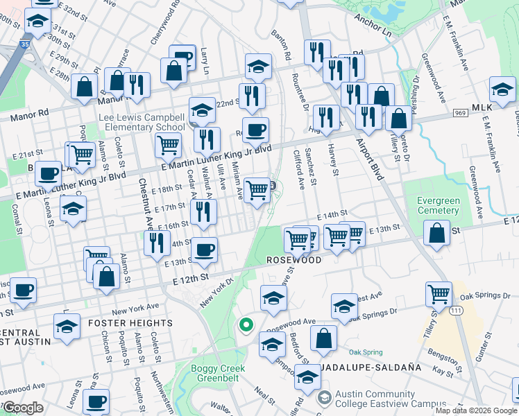 map of restaurants, bars, coffee shops, grocery stores, and more near 2921 East 17th Street in Austin