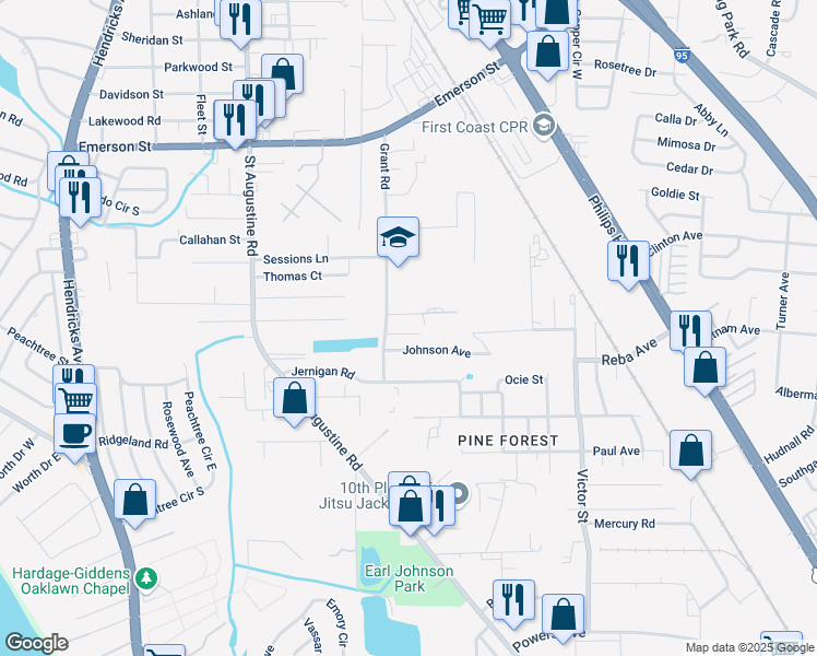 map of restaurants, bars, coffee shops, grocery stores, and more near 2327 Southern Avenue in Jacksonville