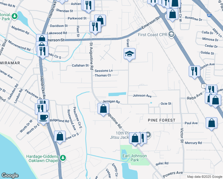 map of restaurants, bars, coffee shops, grocery stores, and more near 2117 Wright Avenue in Jacksonville