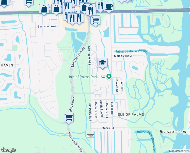 map of restaurants, bars, coffee shops, grocery stores, and more near 3709 San Pablo Road South in Jacksonville