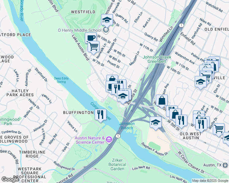 map of restaurants, bars, coffee shops, grocery stores, and more near 506 Hearn Street in Austin