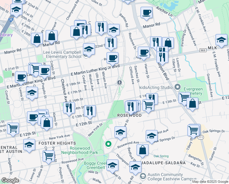 map of restaurants, bars, coffee shops, grocery stores, and more near 2921 East 17th Street in Austin