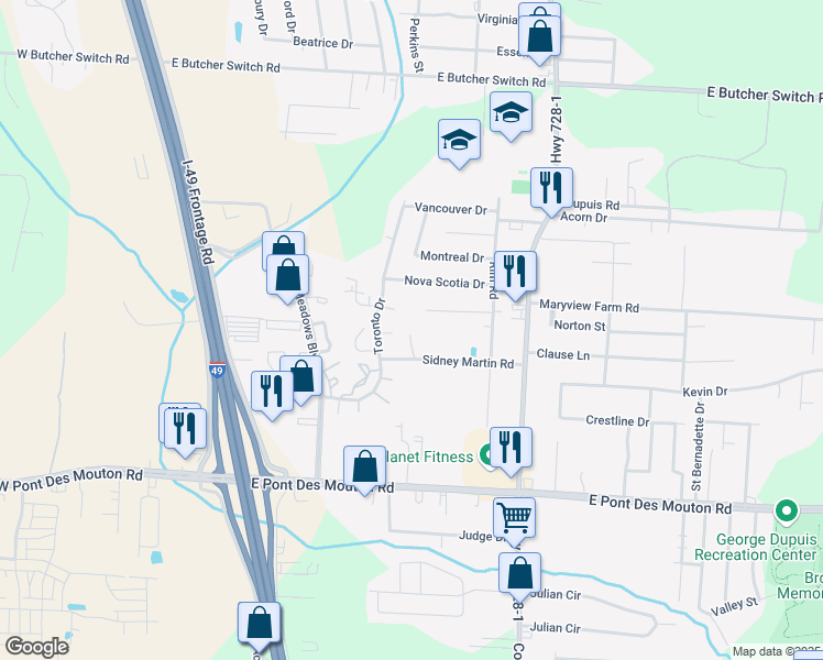 map of restaurants, bars, coffee shops, grocery stores, and more near 310 Sidney Martin Road in Lafayette