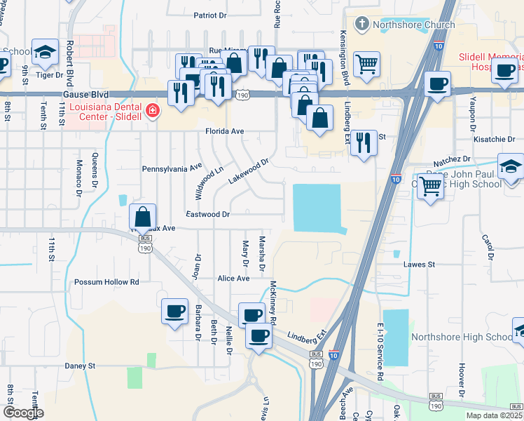 map of restaurants, bars, coffee shops, grocery stores, and more near 1651 Eastwood Drive in Slidell