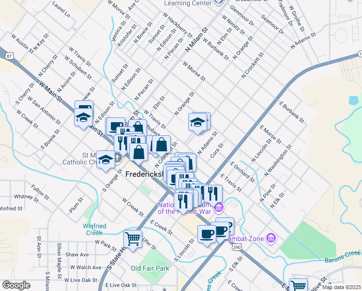 map of restaurants, bars, coffee shops, grocery stores, and more near 168-198 West Travis Street in Fredericksburg