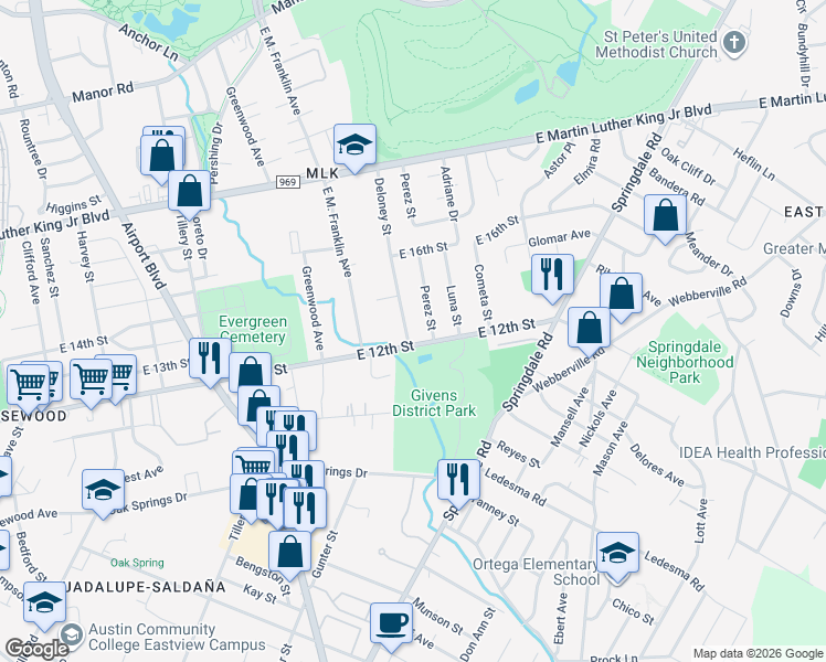 map of restaurants, bars, coffee shops, grocery stores, and more near 1208 Perez Street in Austin