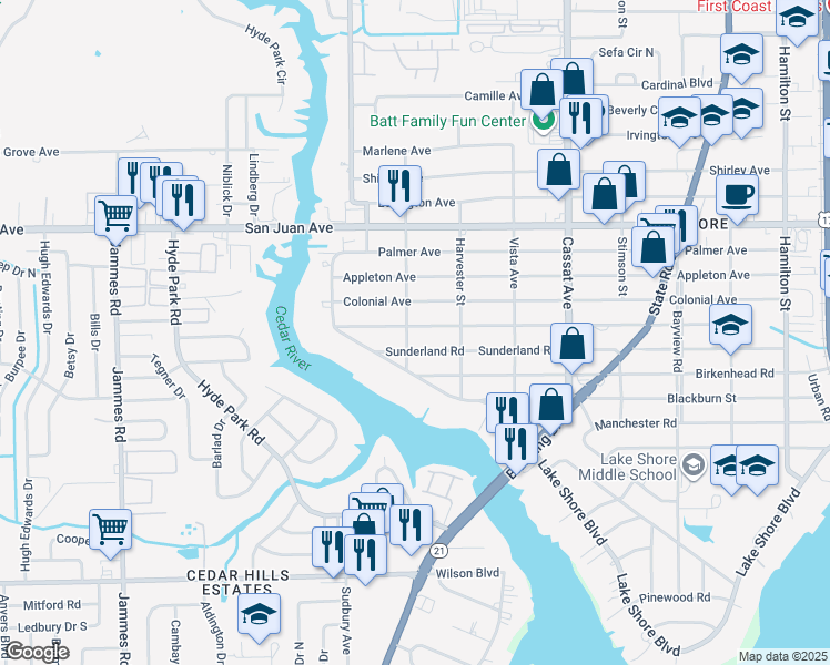 map of restaurants, bars, coffee shops, grocery stores, and more near 5250 Fremont Street in Jacksonville