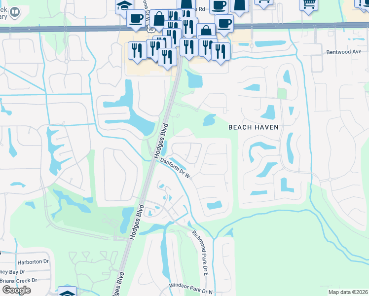 map of restaurants, bars, coffee shops, grocery stores, and more near 601 Danforth Drive in Jacksonville