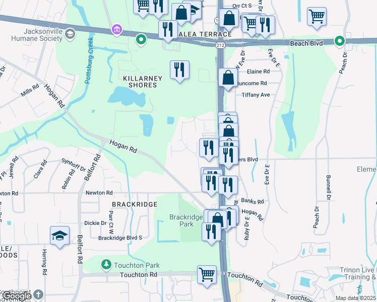 map of restaurants, bars, coffee shops, grocery stores, and more near 8711 Newton Road in Jacksonville