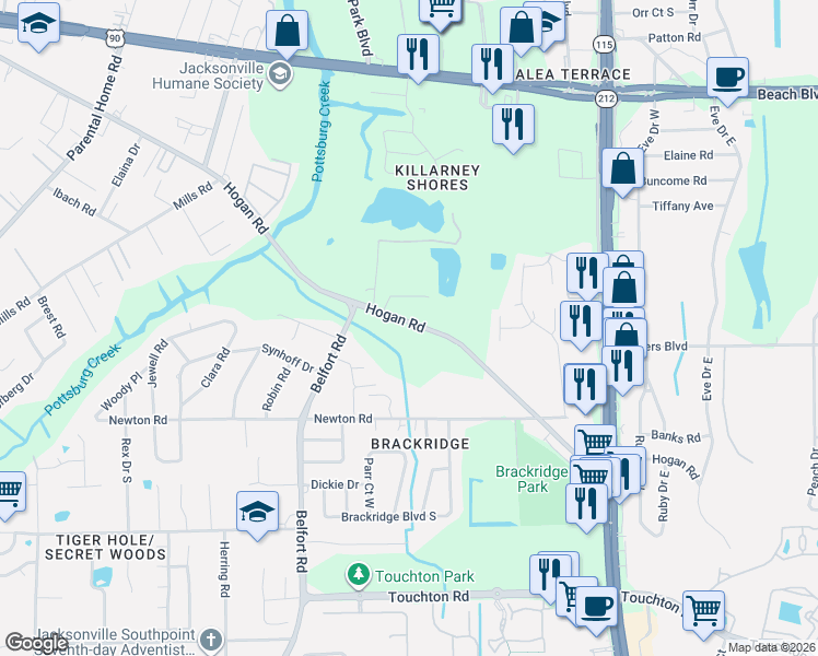 map of restaurants, bars, coffee shops, grocery stores, and more near 8882 Hogan Road in Jacksonville