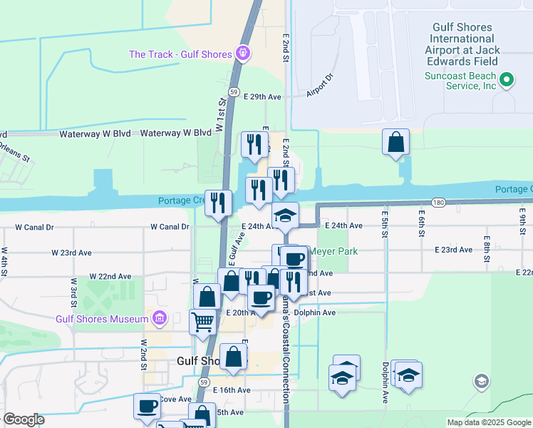 map of restaurants, bars, coffee shops, grocery stores, and more near 226 West Canal Drive in Gulf Shores