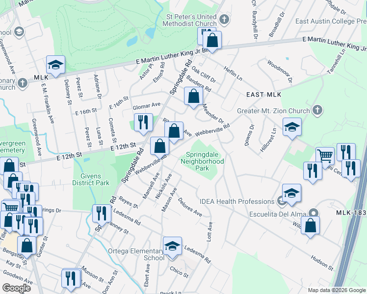 map of restaurants, bars, coffee shops, grocery stores, and more near 1311 Webberville Road in Austin