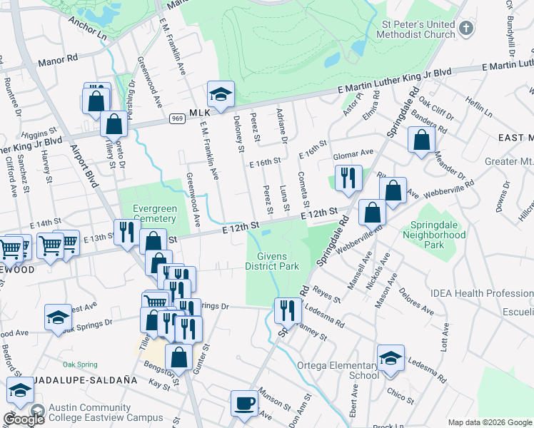 map of restaurants, bars, coffee shops, grocery stores, and more near 1208 Perez Street in Austin