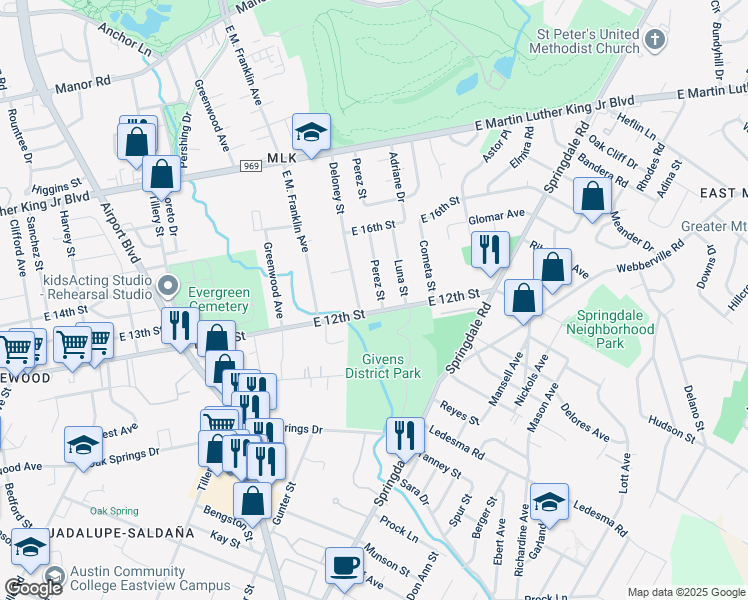map of restaurants, bars, coffee shops, grocery stores, and more near 1208 Perez Street in Austin