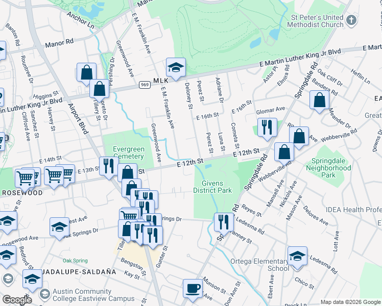 map of restaurants, bars, coffee shops, grocery stores, and more near 1214 Deloney Street in Austin