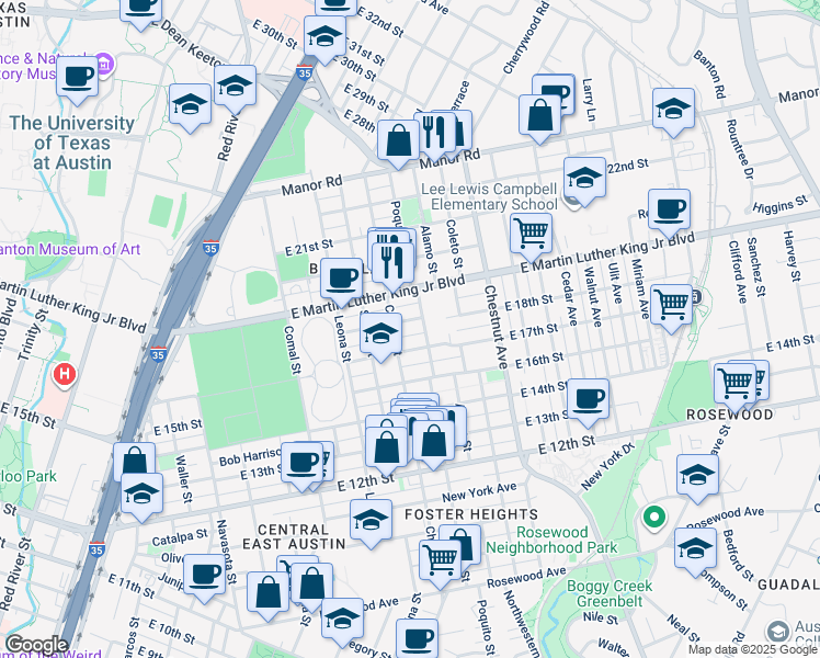 map of restaurants, bars, coffee shops, grocery stores, and more near 1904 East 18th Street in Austin