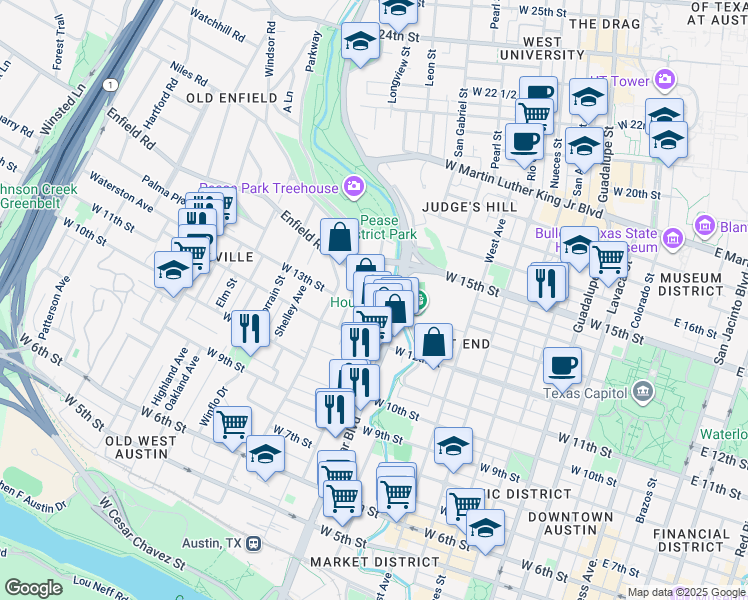 map of restaurants, bars, coffee shops, grocery stores, and more near 1103 Enfield Road in Austin